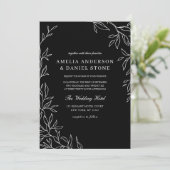 All-in-One Black & White Minimal Leaf Wedding Kaart (Staand voorkant)
