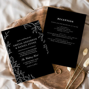 All-in-One Black & White Minimal Leaf Wedding Kaart