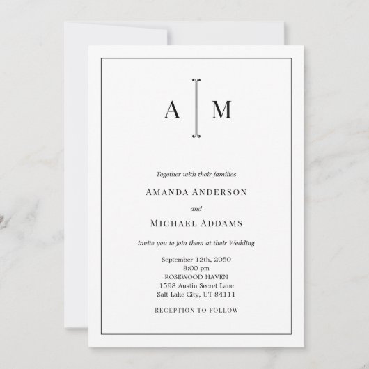 All-In-One Black White Monogram Minimal Wedding Kaart (Voorkant)