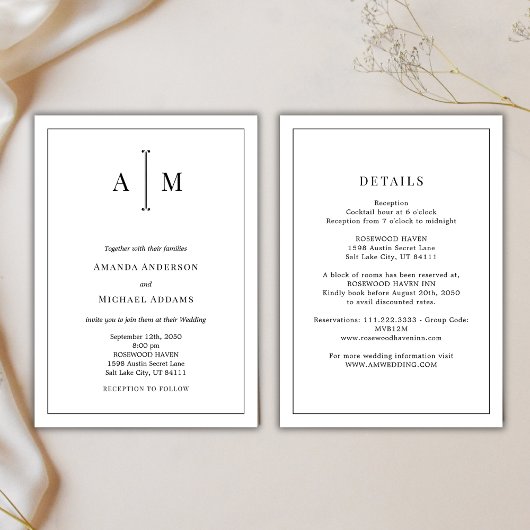 All-In-One Black White Monogram Minimal Wedding Kaart