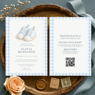 All in One Blauwe Babyschoenen Gingham Baby Shower Kaart