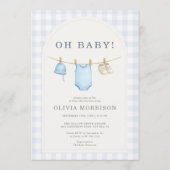 All in One Blauwe Gingham Baby Shower Kaart (Voorkant)