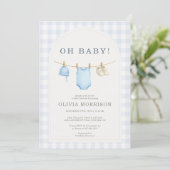 All in One Blauwe Gingham Baby Shower Kaart (Staand voorkant)