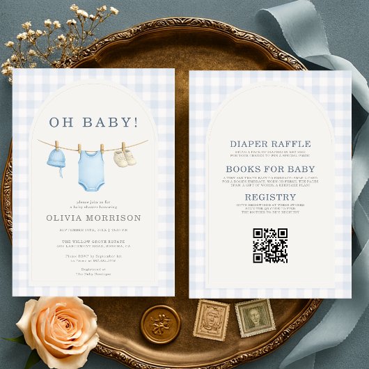 All in One Blauwe Gingham Baby Shower Kaart