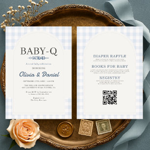 All in One Blauwe Gingham BBQ Baby-Q Baby Shower  Kaart
