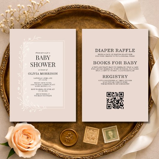 All in One Blush Pink Botanical Floral Baby Shower Kaart