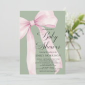 All in One Blush Pink Bow Sage Green Baby Shower Kaart (Staand voorkant)