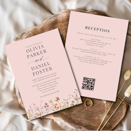 All in One Blush Pink QR Code Wildflower Wedding Kaart