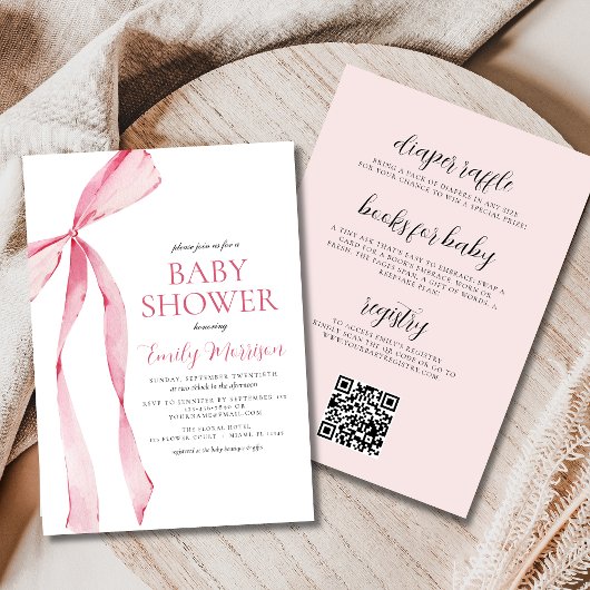 All in One Blush Pink Waterverf Bow Baby shower Kaart