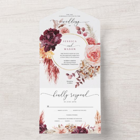 All-in-One Boho Pampas Grass Wedding Invite All In One Uitnodiging (Binnen)