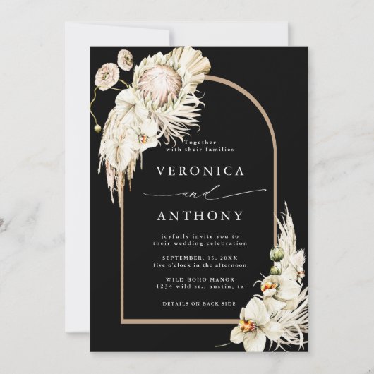 All-in-One Boho Protea Pampas Grass Wedding Black Kaart (Voorkant)