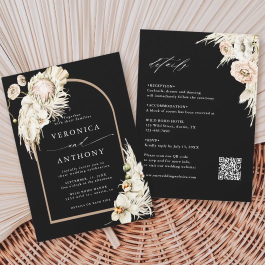 All-in-One Boho Protea Pampas Grass Wedding Black Kaart