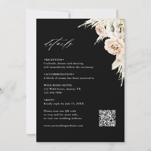 All-in-One Boho Protea Pampas Grass Wedding Black Kaart (Achterkant)