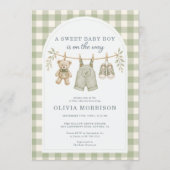 All in One Boho Saliegroen Gingham Baby Shower Kaart (Voorkant)