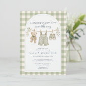 All in One Boho Saliegroen Gingham Baby Shower Kaart (Staand voorkant)