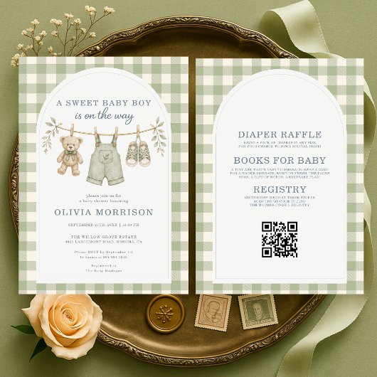 All in One Boho Saliegroen Gingham Baby Shower Kaart