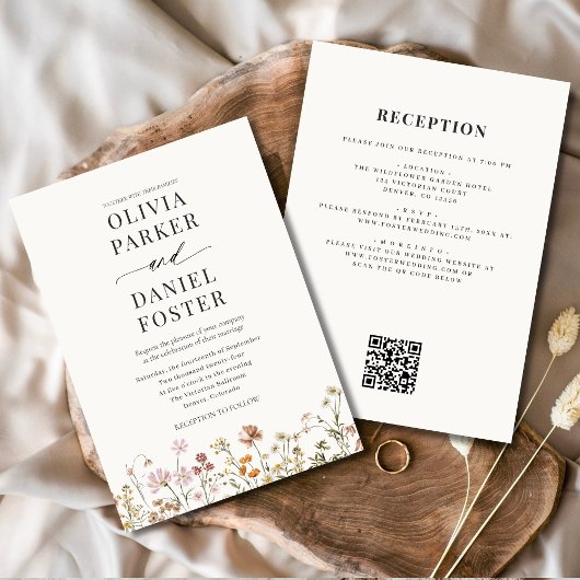 All in One Boho Wildflower QR Code Wedding  Kaart
