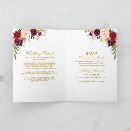 All In One Bourgondië Bloemige Trouwkaart Goud Kaart (Binnen)