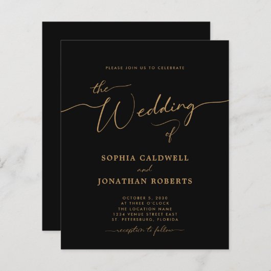 All-in-One Budget Gold Calligraphy Wedding Invite (Voorkant / Achterkant)