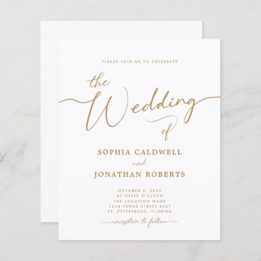 All-in-One Budget Gold Calligraphy Wedding Invite (Voorkant / Achterkant)