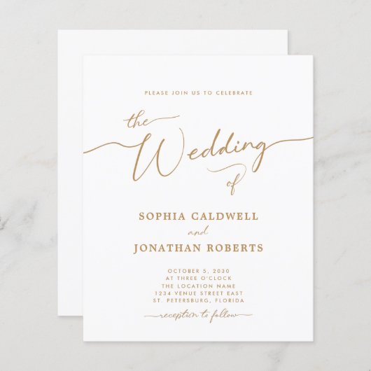All-in-One Budget Gold Calligraphy Wedding Invite (Voorkant / Achterkant)