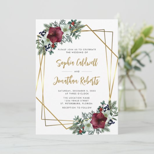 All in One Burgundy Amaryllis Gouden Bloemstuk Bru Kaart (Staand voorkant)