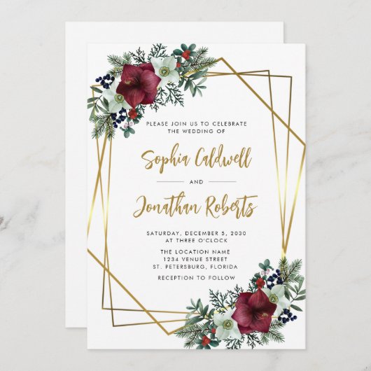 All in One Burgundy Amaryllis Gouden Bloemstuk Bru Kaart (Voorkant / Achterkant)