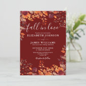 All In One Burgundy Fall In Love QR Code Wedding Kaart (Staand voorkant)