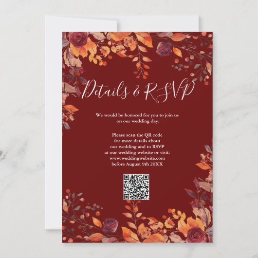 All In One Burgundy Fall In Love QR Code Wedding Kaart (Achterkant)