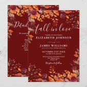 All In One Burgundy Fall In Love QR Code Wedding Kaart (Voorkant / Achterkant)