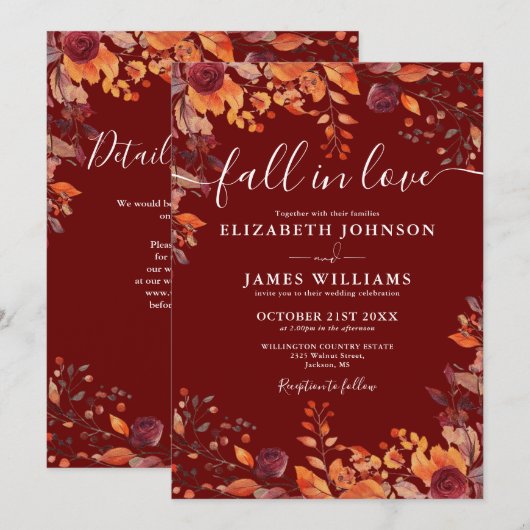 All In One Burgundy Fall In Love QR Code Wedding Kaart (Voorkant / Achterkant)