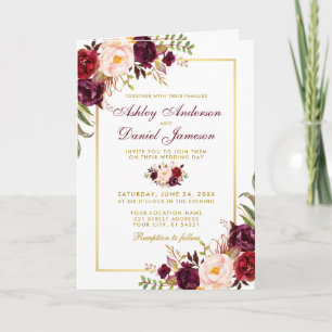 All-in-One Burgundy Floral Wedding Photo Uitnodige Kaart