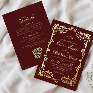 All in One Burgundy Gold Rose Flowers Wedding Folie Uitnodiging