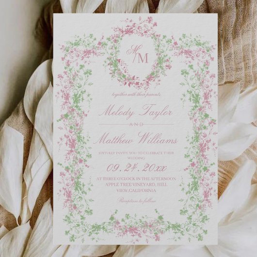 All in One Delicate Franse Flora Crest Trouwjurk Kaart