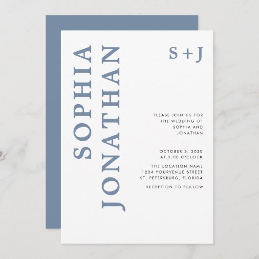 All-in-One Dusty Blue Bold Typography Wedding Invi Kaart (Voorkant / Achterkant)