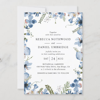 All-in-One Dusty Blue Flowers Wedding Kaart