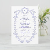 All in one dusty blue French floral wedding Kaart (Staand voorkant)