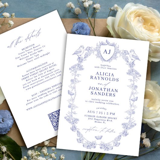 All in one dusty blue French floral wedding Kaart
