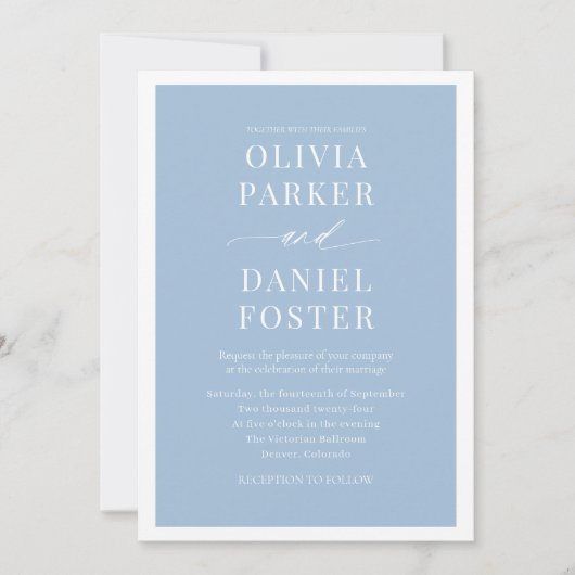 All in One Dusty Blue QR Code Minimalist Wedding Kaart (Voorkant)