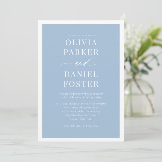 All in One Dusty Blue QR Code Minimalist Wedding Kaart (Staand voorkant)