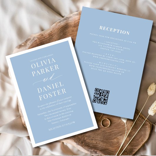 All in One Dusty Blue QR Code Minimalist Wedding Kaart