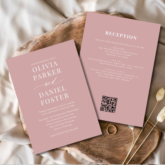All in One Dusty Rose Pink QR Code Wedding Kaart