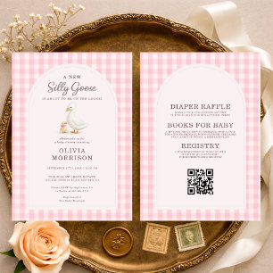 All in One Dwaze Gans Roze Gingham Baby Shower Kaart