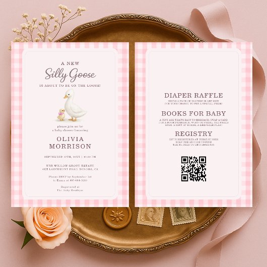 All in One Dwaze Gans Roze QR Code Baby Shower Kaart