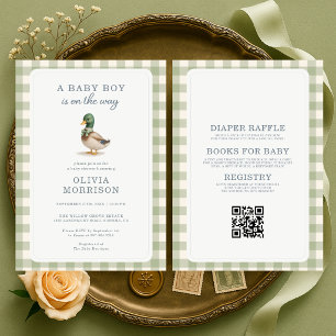 All in One Eend Uitnodiging Sage Groene Gingham Ba