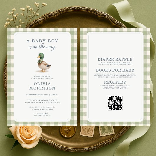 All in One Eend Uitnodiging Sage Groene Gingham Ba