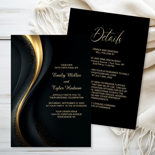 All in One Elegant Black and Gold Wedding Kaart