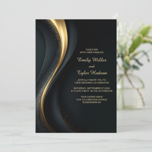 All in One Elegant Black and Gold Wedding Kaart (Staand voorkant)