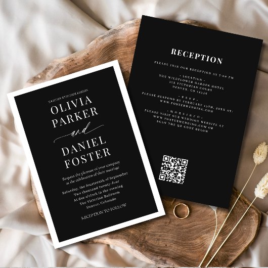 All in One Elegant Black QR Code Wedding Kaart