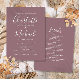 All In One Elegante Moderne Script Mauve Bruiloft Kaart